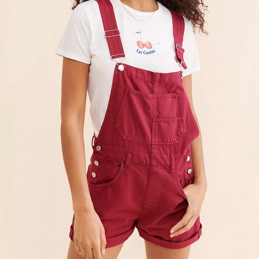 Free People Ziggy Red Denim Shortalls Size Small